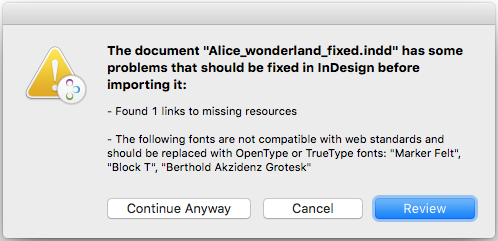 Example of InDesign Document warnings